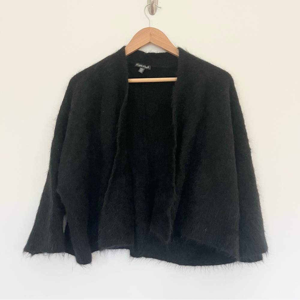 Eileen Fisher Charcoal Black Knit Cardigan Sweater Wool Mohair Blend Shaggy Sz M